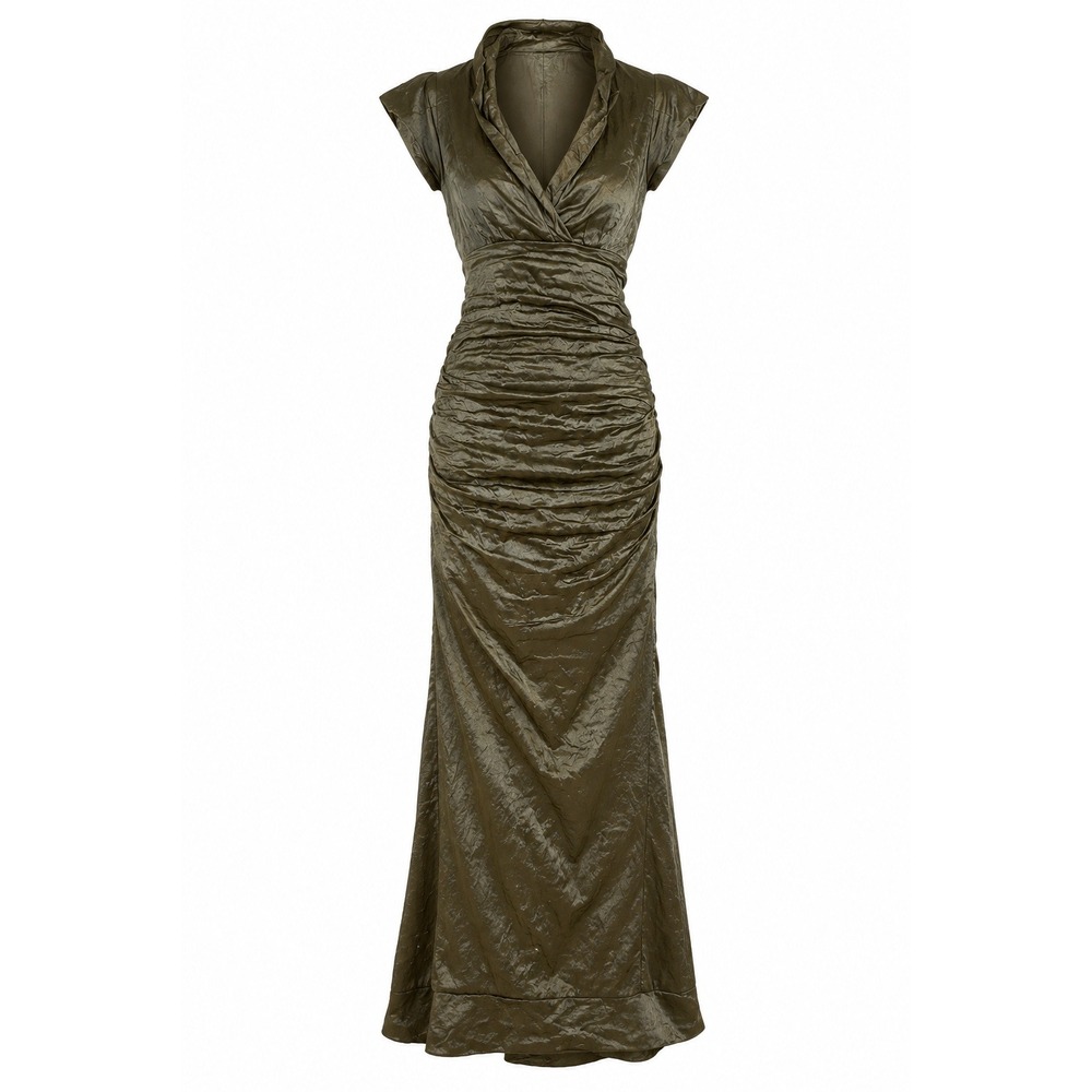 Nicole Miller Evening Gown Womens 2 Bronze Ruched Metallic Portrait Collar